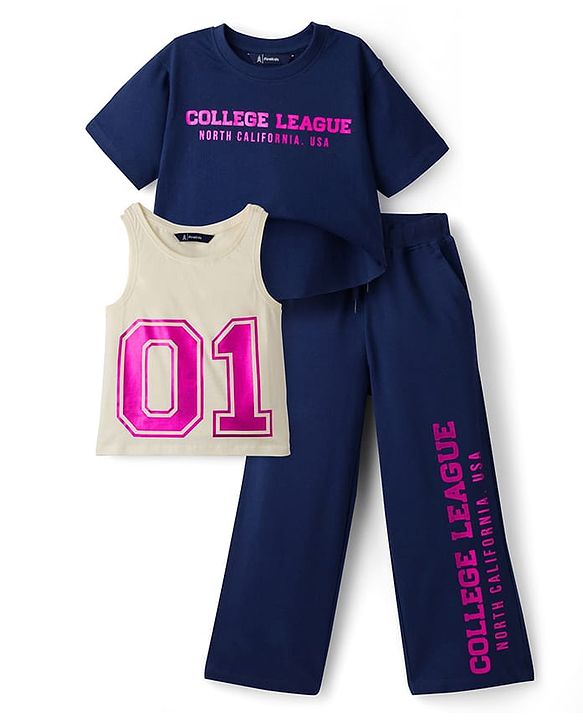 Pine Kids Single Jersey Knit Half Sleeves Twofer Style Top and Palazzo Set with College League Print - Navy Blue & Grey