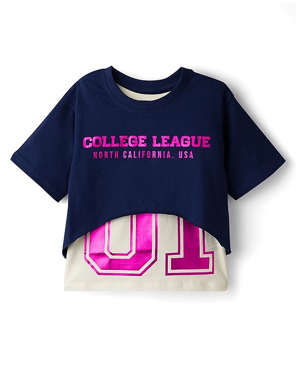 Pine Kids Single Jersey Knit Half Sleeves Twofer Style Top and Palazzo Set with College League Print - Navy Blue & Grey