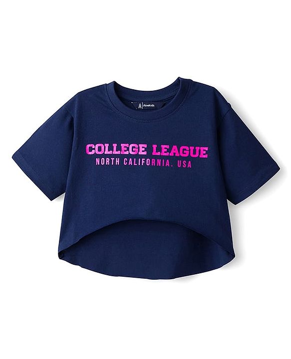Pine Kids Single Jersey Knit Half Sleeves Twofer Style Top and Palazzo Set with College League Print - Navy Blue & Grey