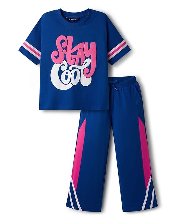 Pine Kids Single Jersey Knit Half Sleeves Top and Palazzo Set With Stay Cool Text Print - Blue