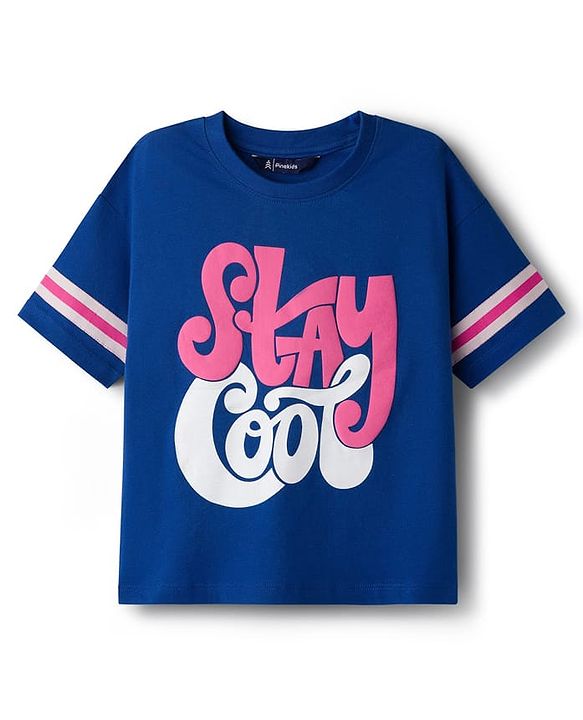 Pine Kids Single Jersey Knit Half Sleeves Top and Palazzo Set With Stay Cool Text Print - Blue