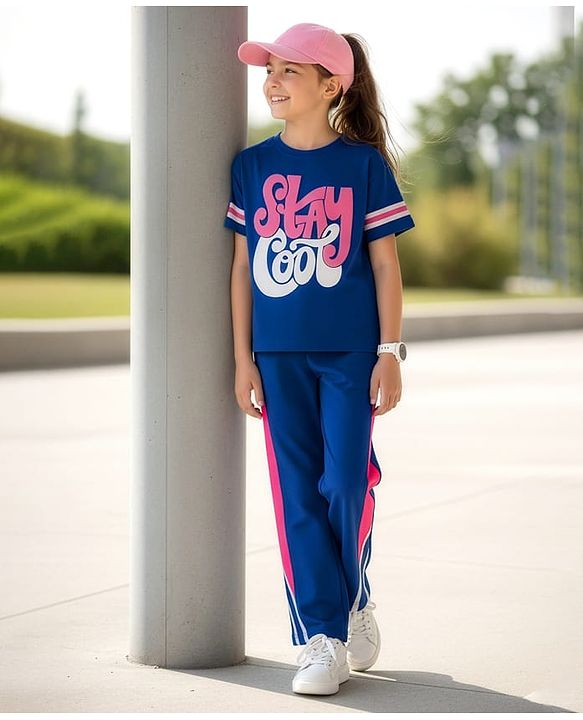 Pine Kids Single Jersey Knit Half Sleeves Top and Palazzo Set With Stay Cool Text Print - Blue