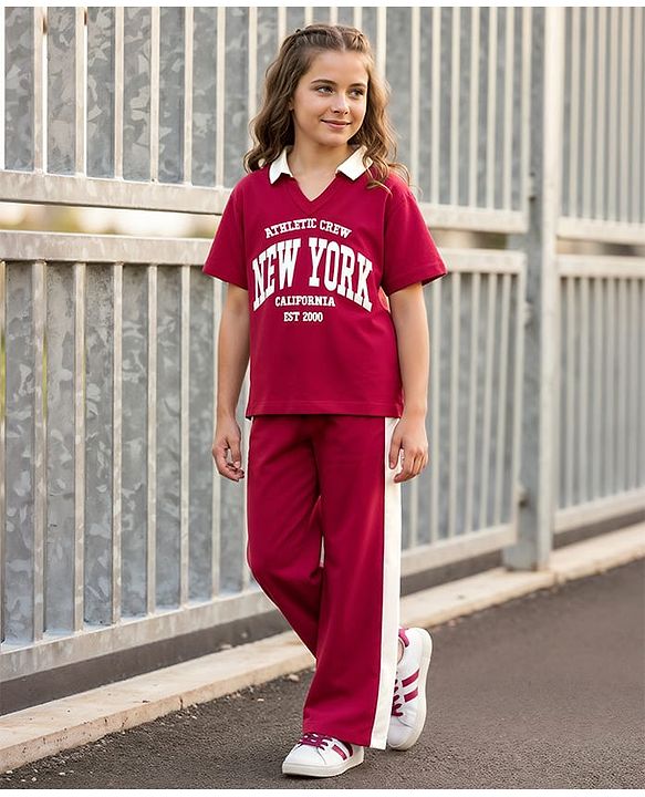 Pine Kids Single Jersey Knit Half Sleeves Top & Palazzo Set with New York Print & Tape Detailing - Dark Pink