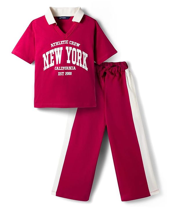 Pine Kids Single Jersey Knit Half Sleeves Top & Palazzo Set with New York Print & Tape Detailing - Dark Pink