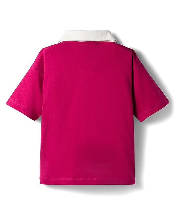 Pine Kids Single Jersey Knit Half Sleeves Top & Palazzo Set with New York Print & Tape Detailing - Dark Pink