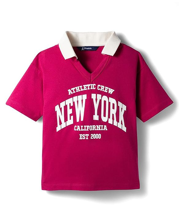 Pine Kids Single Jersey Knit Half Sleeves Top & Palazzo Set with New York Print & Tape Detailing - Dark Pink