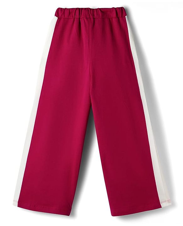 Pine Kids Single Jersey Knit Half Sleeves Top & Palazzo Set with New York Print & Tape Detailing - Dark Pink