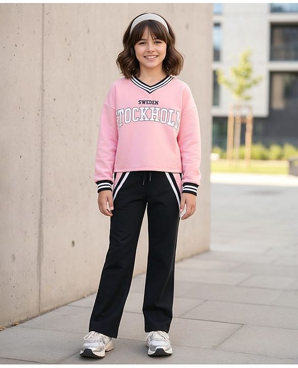 Pine Kids Single Jersey Knit Full Sleeves Top & Palazzo Set with Stockholm Text Print - Pink & Black
