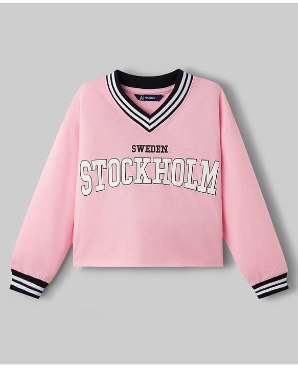 Pine Kids Single Jersey Knit Full Sleeves Top & Palazzo Set with Stockholm Text Print - Pink & Black