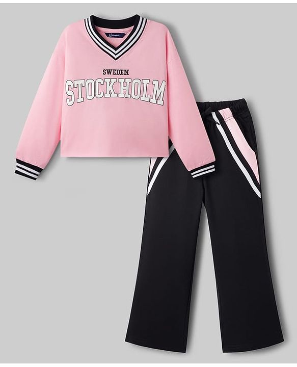 Pine Kids Single Jersey Knit Full Sleeves Top & Palazzo Set with Stockholm Text Print - Pink & Black