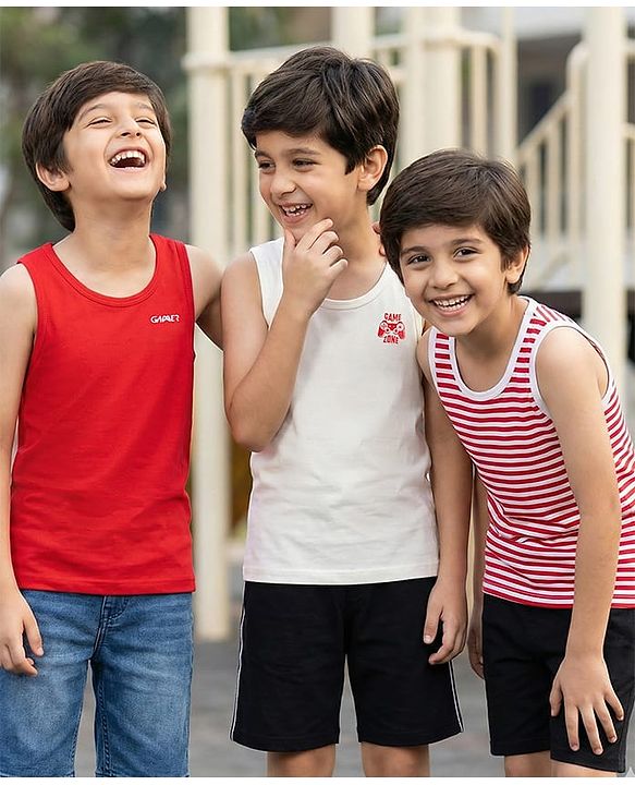 Pine Kids Cotton Knit Sleeveless Vests With Stripes & Gamer Text Print Pack Of 3 (Colour May Vary)