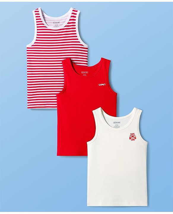 Pine Kids Cotton Knit Sleeveless Vests With Stripes & Gamer Text Print Pack Of 3 (Colour May Vary)