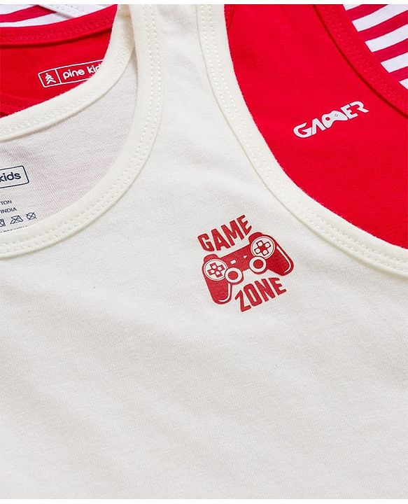 Pine Kids Cotton Knit Sleeveless Vests With Stripes & Gamer Text Print Pack Of 3 (Colour May Vary)