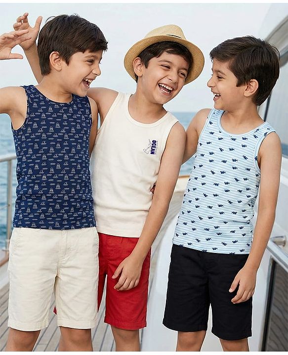 Pine Kids Cotton Knit Sleeveless Vests With Stripes & Sea Life Print Pack Of 3 (Colour May Vary)
