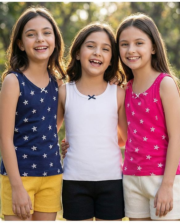 Pine Kids Cotton Knit Sleeveless Vests With Star Print Pack Of 3 (Colour May Vary)