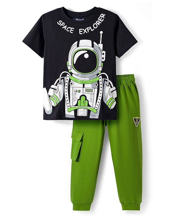 Pine Kids Single Jersey Knit Half Sleeves T-Shirt & Lounge Pant With Space Theme Print - Black & Green