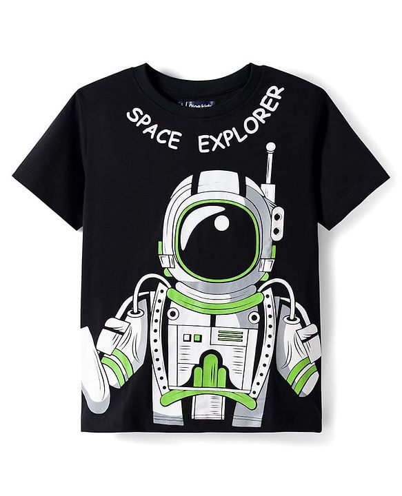 Pine Kids Single Jersey Knit Half Sleeves T-Shirt & Lounge Pant With Space Theme Print - Black & Green