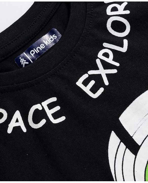 Pine Kids Single Jersey Knit Half Sleeves T-Shirt & Lounge Pant With Space Theme Print - Black & Green