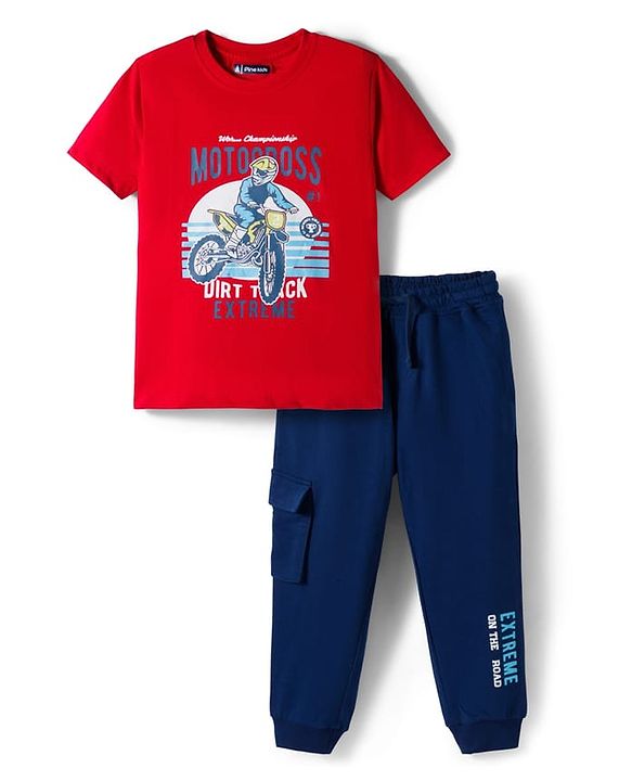 Pine Kids Single Jersey Knit Half Sleeves T-Shirt & Lounge Pant With Text Print - Red & Navy Blue