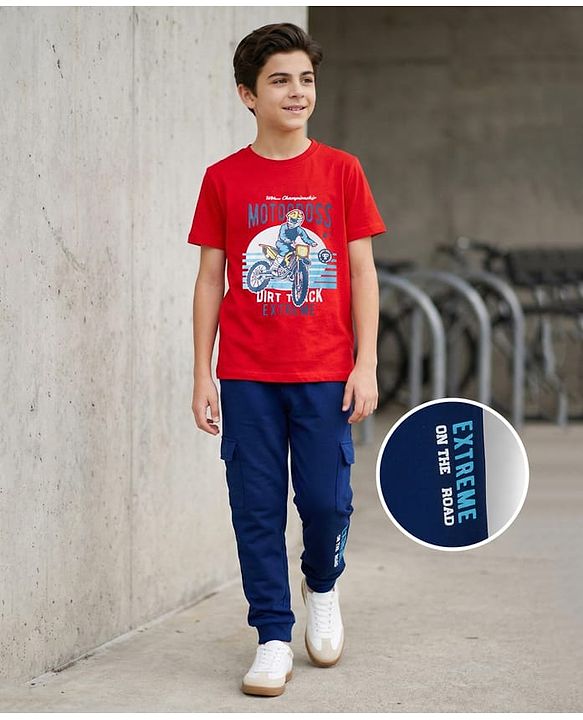 Pine Kids Single Jersey Knit Half Sleeves T-Shirt & Lounge Pant With Text Print - Red & Navy Blue