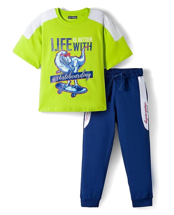 Pine Kids Single Jersey Knit Half Sleeves T-Shirt & Lounge Pant Set With Text Print - Lime Green & Navy Blue
