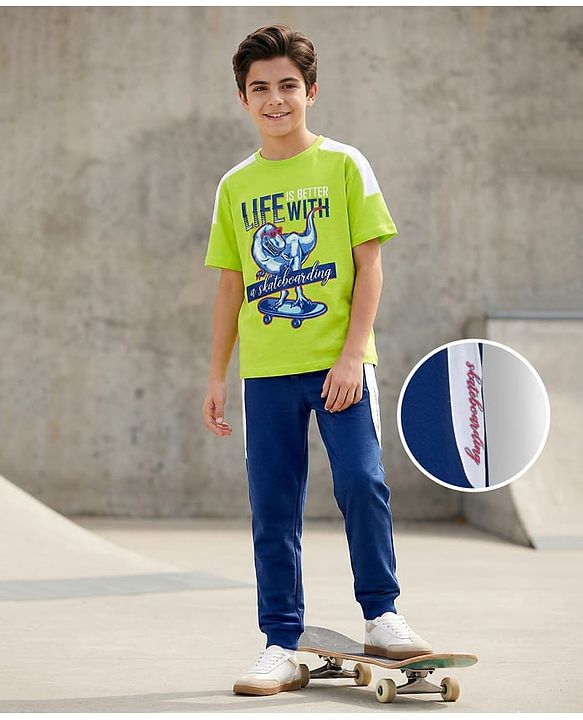 Pine Kids Single Jersey Knit Half Sleeves T-Shirt & Lounge Pant Set With Text Print - Lime Green & Navy Blue