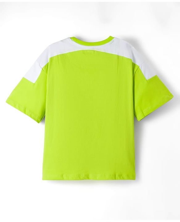 Pine Kids Single Jersey Knit Half Sleeves T-Shirt & Lounge Pant Set With Text Print - Lime Green & Navy Blue