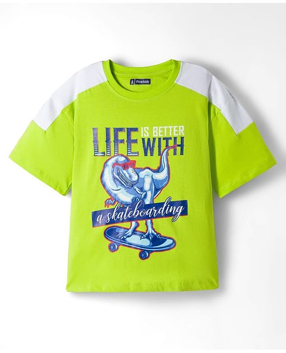 Pine Kids Single Jersey Knit Half Sleeves T-Shirt & Lounge Pant Set With Text Print - Lime Green & Navy Blue