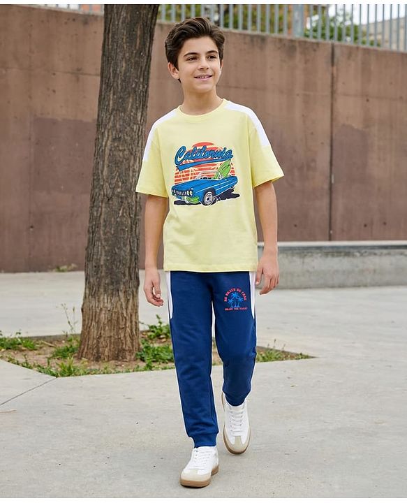 Pine Kids Single Jersey Knit Half Sleeves T-Shirt & Lounge Pant Set With Text Print - Yellow