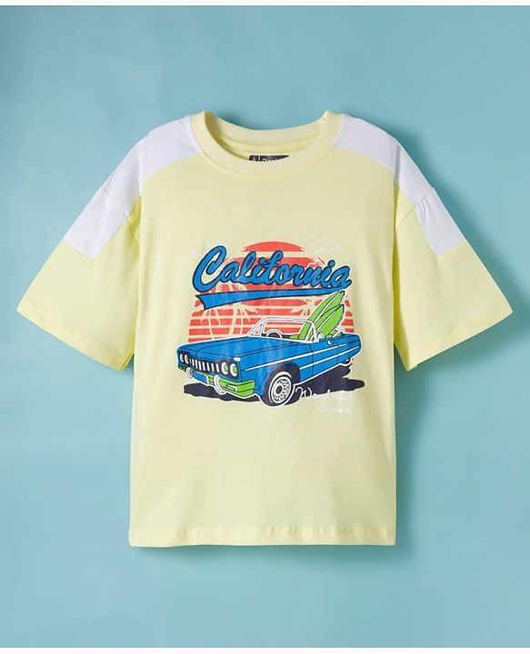 Pine Kids Single Jersey Knit Half Sleeves T-Shirt & Lounge Pant Set With Text Print - Yellow