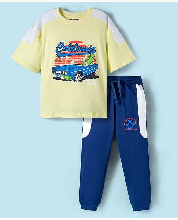 Pine Kids Single Jersey Knit Half Sleeves T-Shirt & Lounge Pant Set With Text Print - Yellow