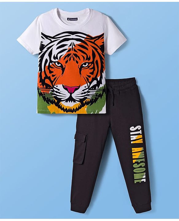 Pine Kids Single Jersey Knit Half Sleeves T-Shirt & Lounge Pant Set with Tiger Print - White & Black