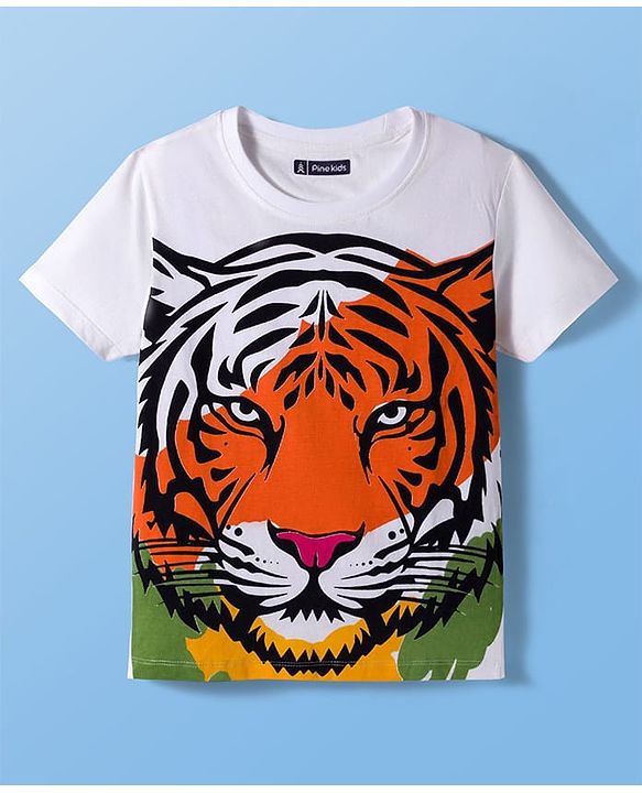 Pine Kids Single Jersey Knit Half Sleeves T-Shirt & Lounge Pant Set with Tiger Print - White & Black
