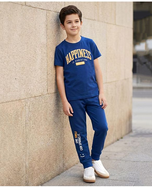 Pine Kids Single Jersey Knit Half Sleeves T-Shirt and Joggers Set with Happiness Text Print - Navy Blue