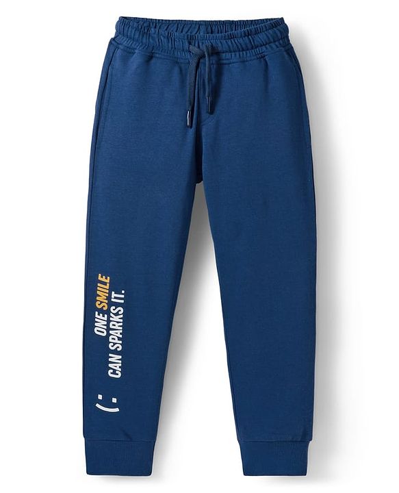 Pine Kids Single Jersey Knit Half Sleeves T-Shirt and Joggers Set with Happiness Text Print - Navy Blue