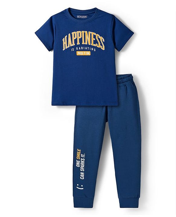 Pine Kids Single Jersey Knit Half Sleeves T-Shirt and Joggers Set with Happiness Text Print - Navy Blue