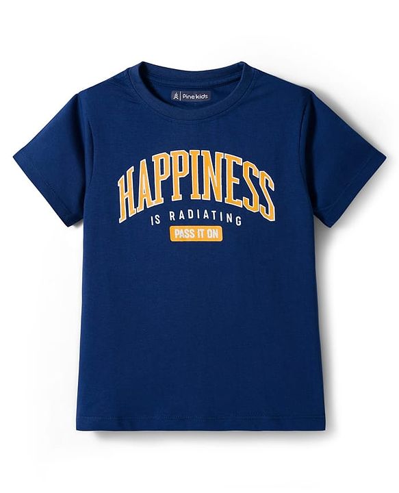 Pine Kids Single Jersey Knit Half Sleeves T-Shirt and Joggers Set with Happiness Text Print - Navy Blue