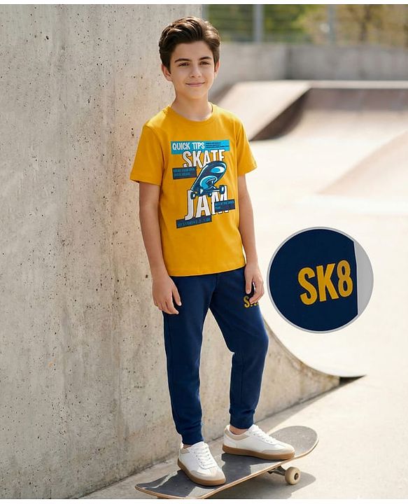 Pine Kids Single Jersey Knit Half Sleeves T-Shirt and Joggers Set with Skate Jam Text Print - Yellow & Navy Blue