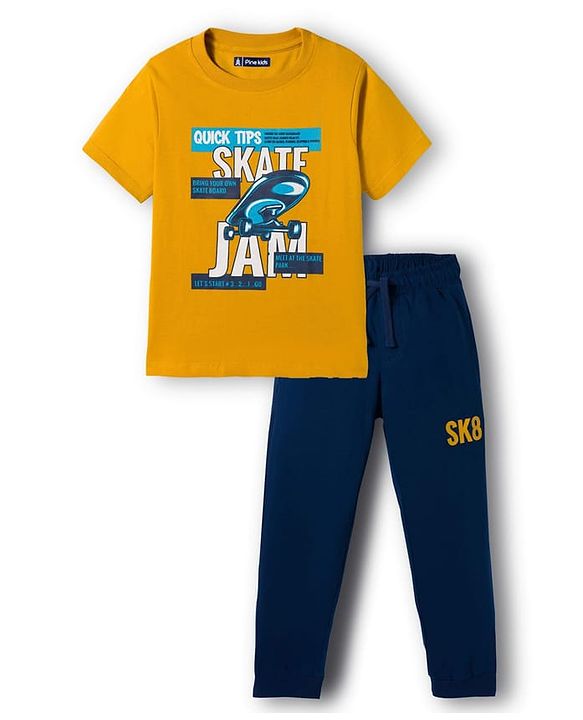 Pine Kids Single Jersey Knit Half Sleeves T-Shirt and Joggers Set with Skate Jam Text Print - Yellow & Navy Blue