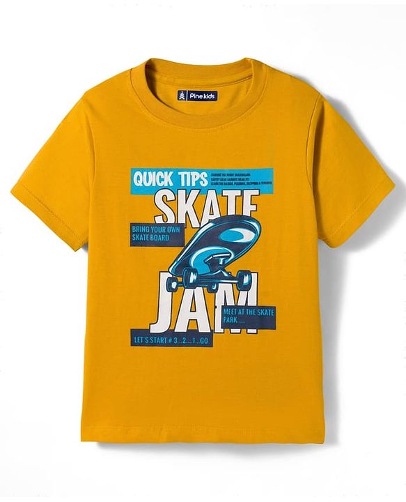 Pine Kids Single Jersey Knit Half Sleeves T-Shirt and Joggers Set with Skate Jam Text Print - Yellow & Navy Blue