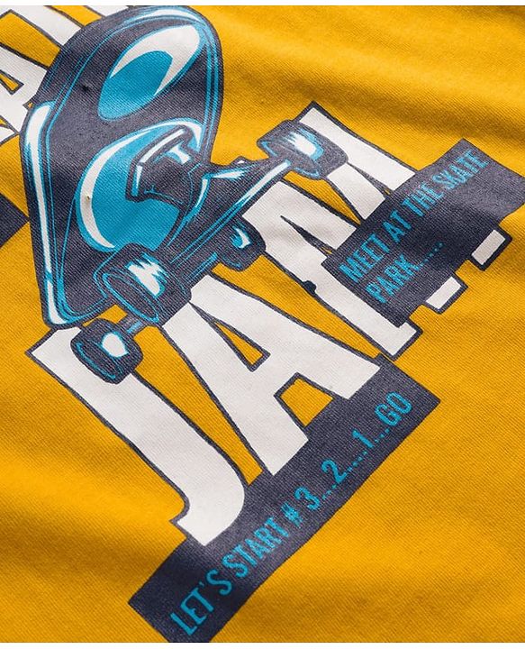 Pine Kids Single Jersey Knit Half Sleeves T-Shirt and Joggers Set with Skate Jam Text Print - Yellow & Navy Blue