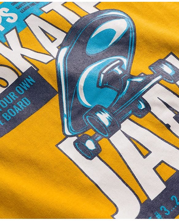 Pine Kids Single Jersey Knit Half Sleeves T-Shirt and Joggers Set with Skate Jam Text Print - Yellow & Navy Blue