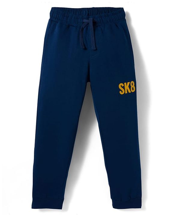 Pine Kids Single Jersey Knit Half Sleeves T-Shirt and Joggers Set with Skate Jam Text Print - Yellow & Navy Blue