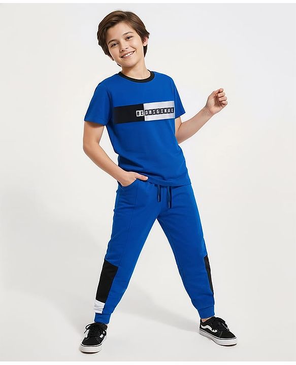 Pine Kids Single Jersey Knit Half Sleeves Cut & Sew T-Shirt & Lounge Pant Set with Text Print - Royal Blue