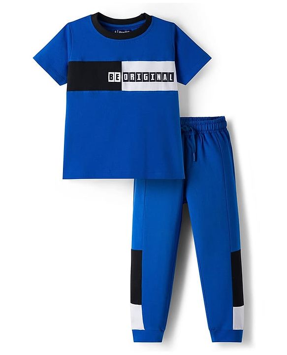 Pine Kids Single Jersey Knit Half Sleeves Cut & Sew T-Shirt & Lounge Pant Set with Text Print - Royal Blue