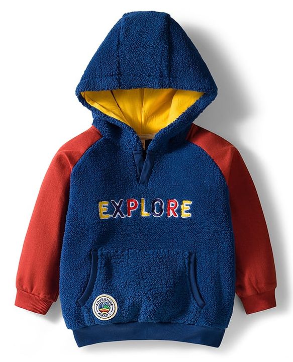 Babyhug Cotton Knit Full Raglan Sleeves Hooded Sweatshirt With Explore Embroidery & Kangaroo Pockets - Navy Blue