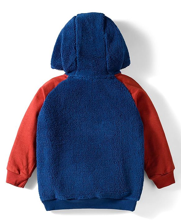 Babyhug Cotton Knit Full Raglan Sleeves Hooded Sweatshirt With Explore Embroidery & Kangaroo Pockets - Navy Blue