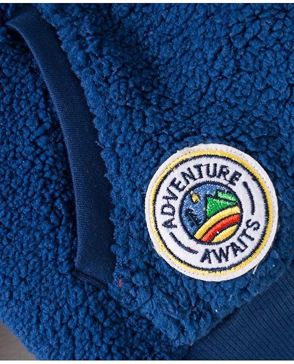 Babyhug Cotton Knit Full Raglan Sleeves Hooded Sweatshirt With Explore Embroidery & Kangaroo Pockets - Navy Blue