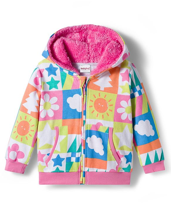 Babyhug Cotton Knit Full Sleeves Hooded Sweatjacket With Floral Print & Kangaroo Pockets - Multicolor