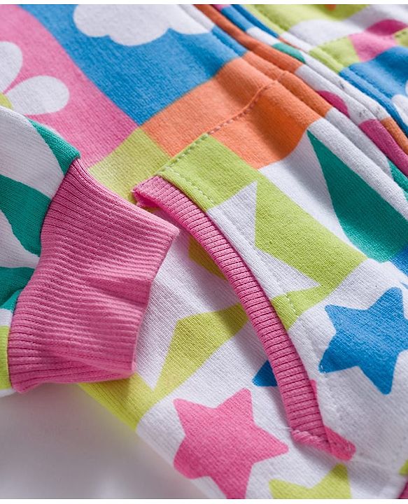 Babyhug Cotton Knit Full Sleeves Hooded Sweatjacket With Floral Print & Kangaroo Pockets - Multicolor